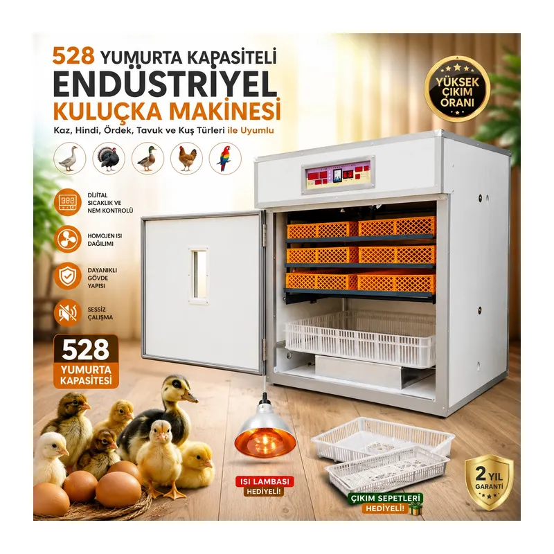 528 Yumurta Kapasiteli Endüstriyel Kuluçka Makinesi - 3 Çeşit Viyollu, Çıkım Sepetli + Isı Lambası Hediyeli