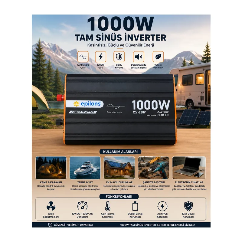 1000w Tam Sinüs İnverter 12v Ac Çevirici | Sessiz Fanlı, Usb Çıkışlı, Araç Karavan Tekne Solar Uyumlu Güç İnverteri