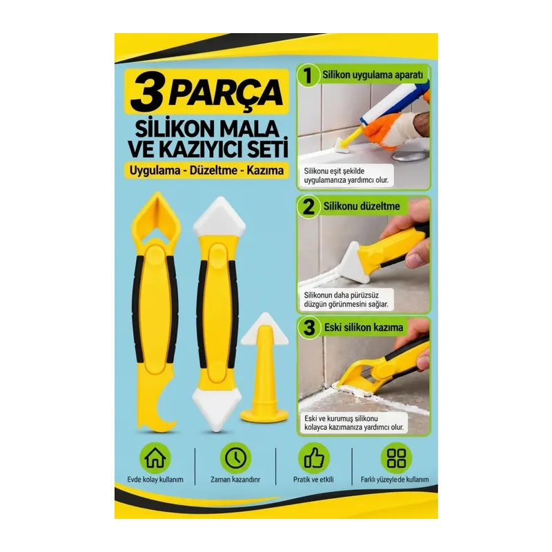 3 Parça Fayans Derz Ve Silikon Kazıyıcı Temizleme Aparatı Mala Seti