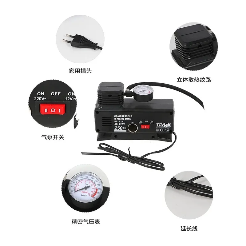 220v Ile 12v Oto Elektriği Çalışan Hava Lastik Şişirme Kompresörü 250 Psı Çok Amaçlı Yol Yardımı
