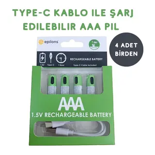 Usb Type-c İle Şarjolabilen 4 Adet Aaa 1.5v Lityum Şarjlı Kalem Pil 750 Mah Uzun Ömürlü