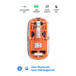Bluetooth Usb Çift Modlu Sessiz Mouse, Şeffaf Mıknatıslı Kapaklı, Type-c Şarjlı, Dpı Ayarlı, Kablosuz 10m Çekim Mesafeli, Masaüstü Kısayol Tuşlu, Taşınabilir Şarjlı Mouse Turuncu