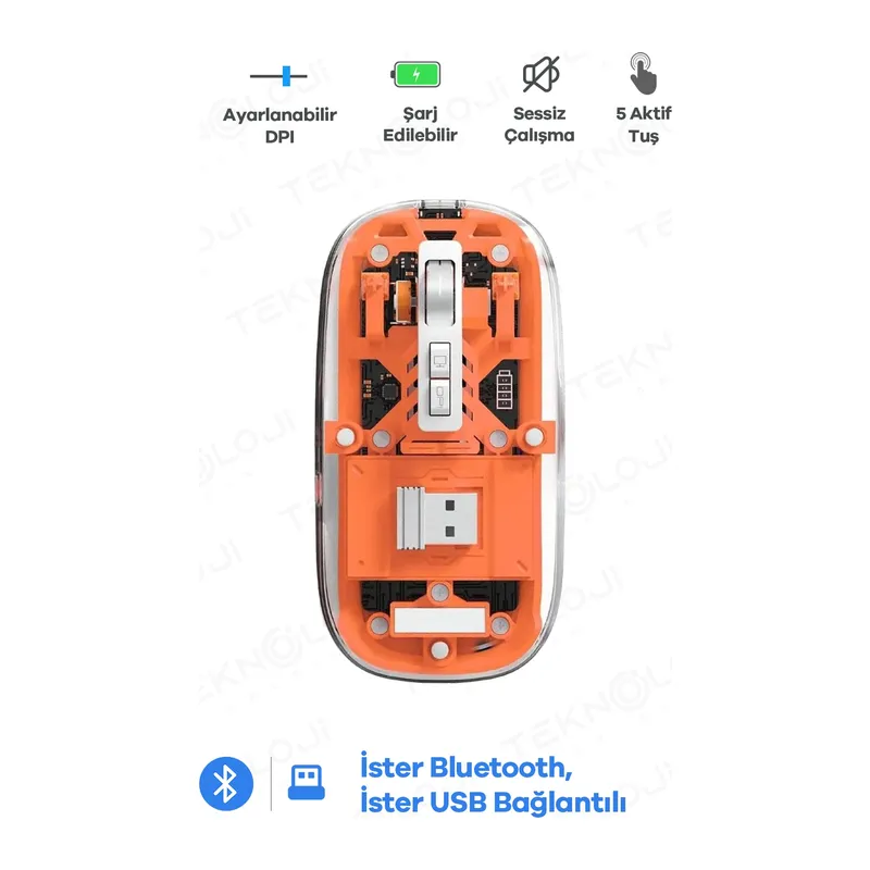 Bluetooth Usb Çift Modlu Sessiz Mouse, Şeffaf Mıknatıslı Kapaklı, Type-c Şarjlı, Dpı Ayarlı, Kablosuz 10m Çekim Mesafeli, Masaüstü Kısayol Tuşlu, Taşınabilir Şarjlı Mouse Turuncu