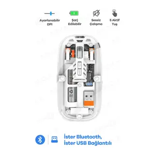 Bluetooth Usb Çift Modlu Sessiz Mouse, Şeffaf Mıknatıslı Kapaklı, Type-c Şarjlı, Dpı Ayarlı, Kablosuz 10m Çekim Mesafeli, Masaüstü Kısayol Tuşlu, Taşınabilir Şarjlı Mouse Beyaz