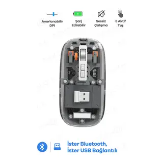 Bluetooth Usb Çift Modlu Sessiz Mouse, Şeffaf Mıknatıslı Kapaklı, Type-c Şarjlı, Dpı Ayarlı, Kablosuz 10m Çekim Mesafeli, Masaüstü Kısayol Tuşlu, Taşınabilir Şarjlı Mouse Siyah