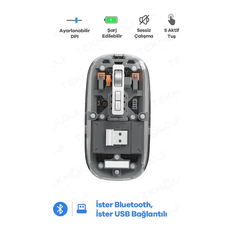Bluetooth Usb Çift Modlu Sessiz Mouse, Şeffaf Mıknatıslı Kapaklı, Type-c Şarjlı, Dpı Ayarlı, Kablosuz 10m Çekim Mesafeli, Masaüstü Kısayol Tuşlu, Taşınabilir Şarjlı Mouse Siyah