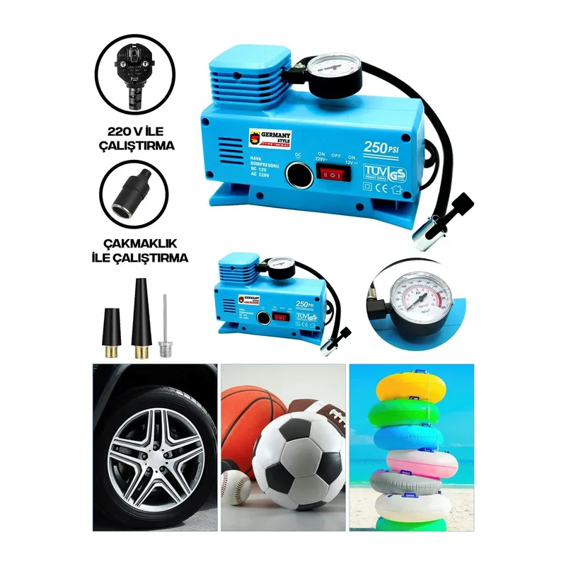 220 Volt-12 Volt 250 Psi Geniş Uygulama Yelpazesi Kompresör Lastik Hava Şişirme Oto Pompası