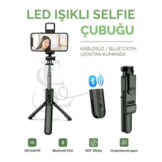 Led Işıklı Selfie Çubuğu Bluetooth Kumandalı Kablosuz Tripot Selfie Monopod Selfie Stick Siyah