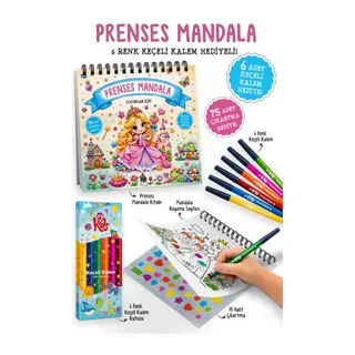 Prenses Mandala - 6 Renk Keçeli Kalem ve 75 Adet Çıkartma Hediyeli 3+
