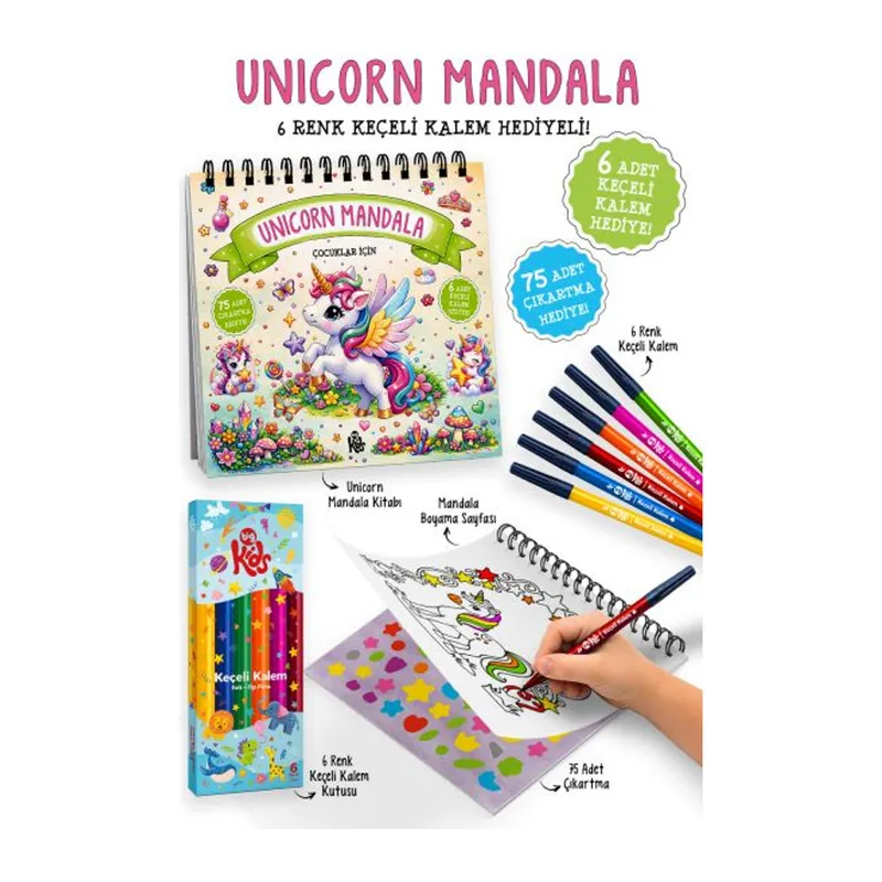 Unicorn Mandala - 6 Renk Keçeli Kalem ve 75 Adet Çıkartma Hediyeli 3+