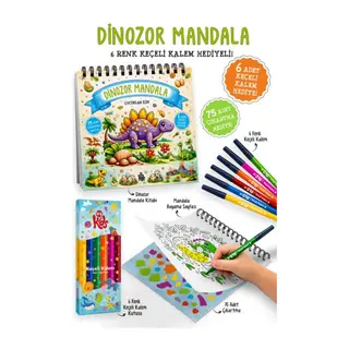 Dinozor Mandala - 6 Renk Keçeli Kalem ve 75 Adet Çıkartma Hediyeli 3+