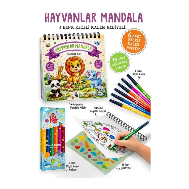 Hayvanlar Mandala - 6 Renk Keçeli Kalem ve 75 Adet Çıkartma Hediyeli 3+