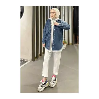 Koyu Mavi Kar Yıkama Püskül Detay Kot Ceket Oversize