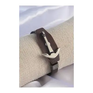 Kahverengi Deri Model Gümüş Renk Çapa Figür Erkek Bileklik