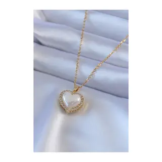 316L Çelik Gold Renk İncili Kalp Model Zirkon Taşlı Kadın Kolye
