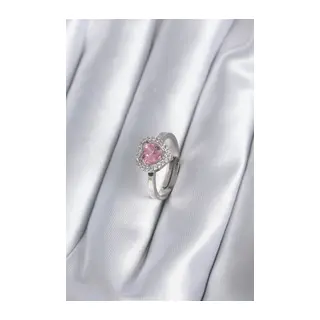 Pirinç Gümüş Renk Pembe Zirkon Taşlı Charm Model Kadın Yüzük