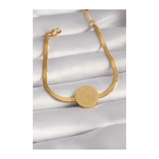 316L Çelik Gold Renk İtalyan Zincir Model İşlemeli Madalyon Figür Kadın Bileklik