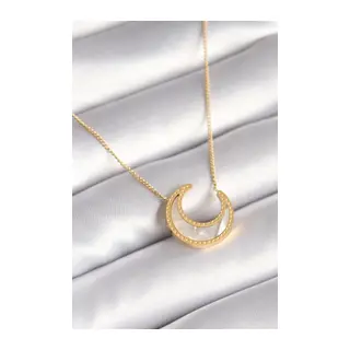 316L Çelik Gold Renk Beyaz Sedefli Hilal Model Kadın Kolye