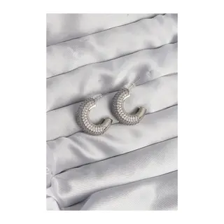 Pirinç Gümüş Renk Zirkon Taşlı Yarım Halka Küpe