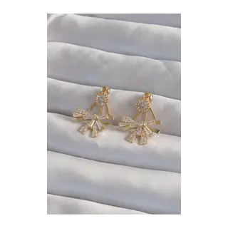 Pirinç Gold Renk Zirkon Taşlı Yassı Fiyonk Model Küpe