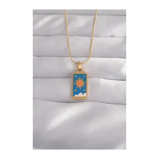 316L Çelik Gold Renk Mavi Mineli Güneş Model Tarot Kolye