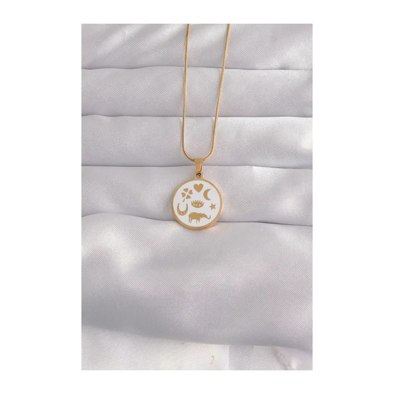 316L Çelik Gold Renk Beyaz Mineli Karışık Figürlü Tarot Kolye