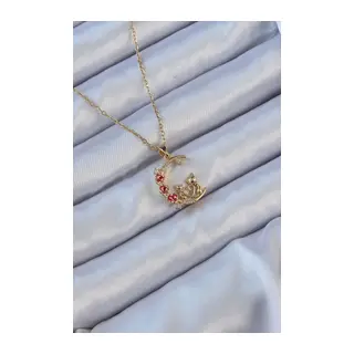 316L Çelik Zincir Gold Renk Kırmızı Gül Detay Kedi Figür Zirkon Taşlı Ay Kolye