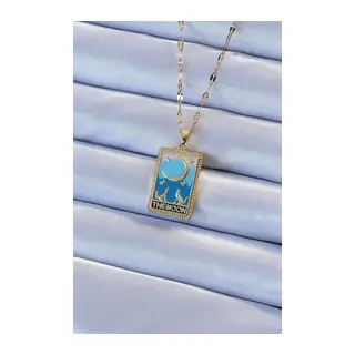316L Çelik Zincir Gold Renk Mavi Mineli Ay Figür Tarot Kolye