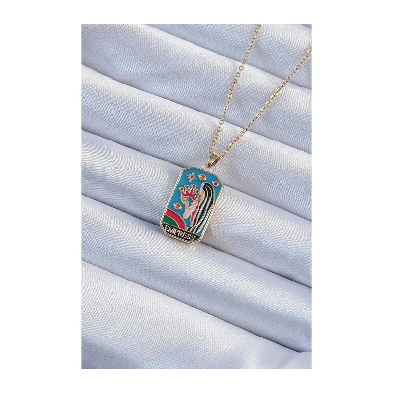 316L Çelik Zincir Gold Renk Taç ve Kız Figürlü Renkli Mineli Tarot Kolye