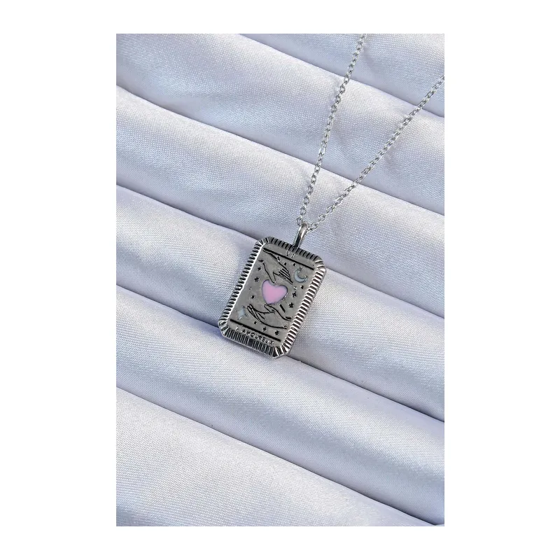 316L Çelik Zincir Eskitme Gümüş Renk Pembe Mineli Kalp Figürlü Tarot Kolye