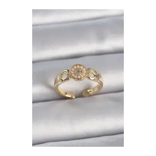Pirinç Gold Renk Zirkon Taşlı İncili Kalp İşleme Detay Ayarlanabilir Kadın Yüzük