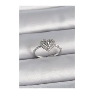 Pirinç Gümüş Renk Ayarlanabilir Zirkon Taşlı Kalp Model Kadın Yüzük
