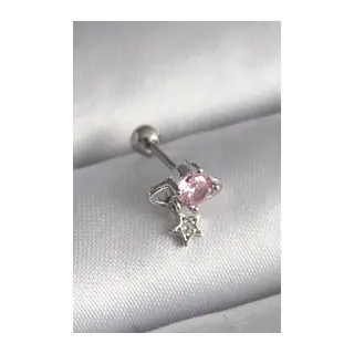 316L Çelik Gümüş Renk Pembe Zirkon Taşlı Sallantı Yıldız Detay Tragus Piercing