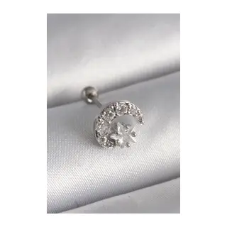 316L Çelik Gümüş Renk Zirkon Taşlı Ay Yıldız Tragus Piercing