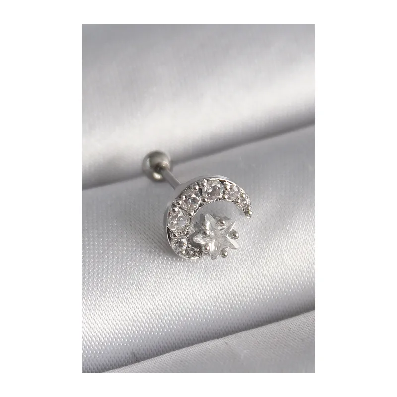 316L Çelik Gümüş Renk Zirkon Taşlı Ay Yıldız Tragus Piercing