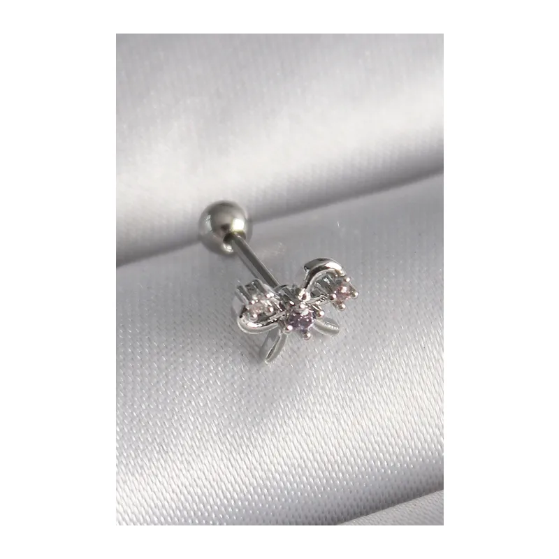 316L Çelik Gümüş Renk Zirkon Taşlı Kurdele Tragus Piercing