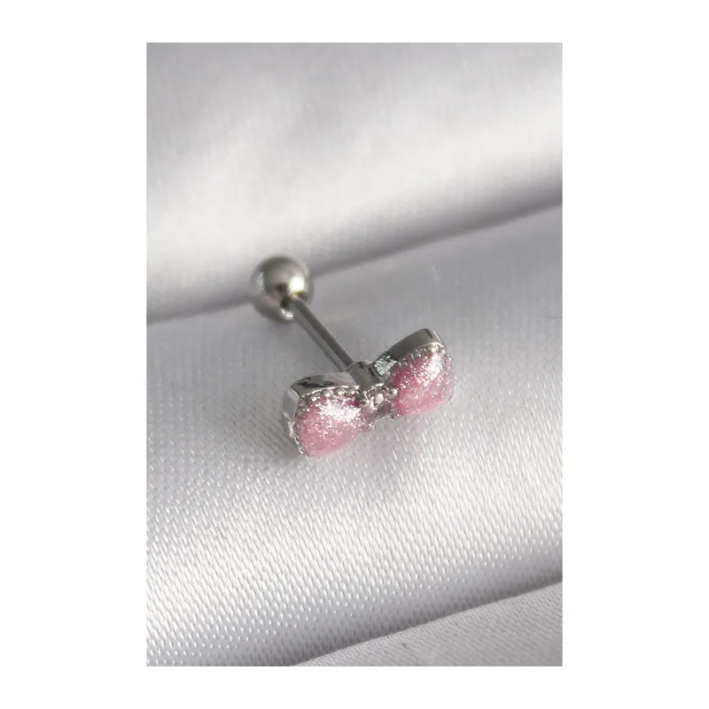 316L Çelik Gümüş Renk Pembe Kurdele Zirkon Taş Detay Tragus Piercing