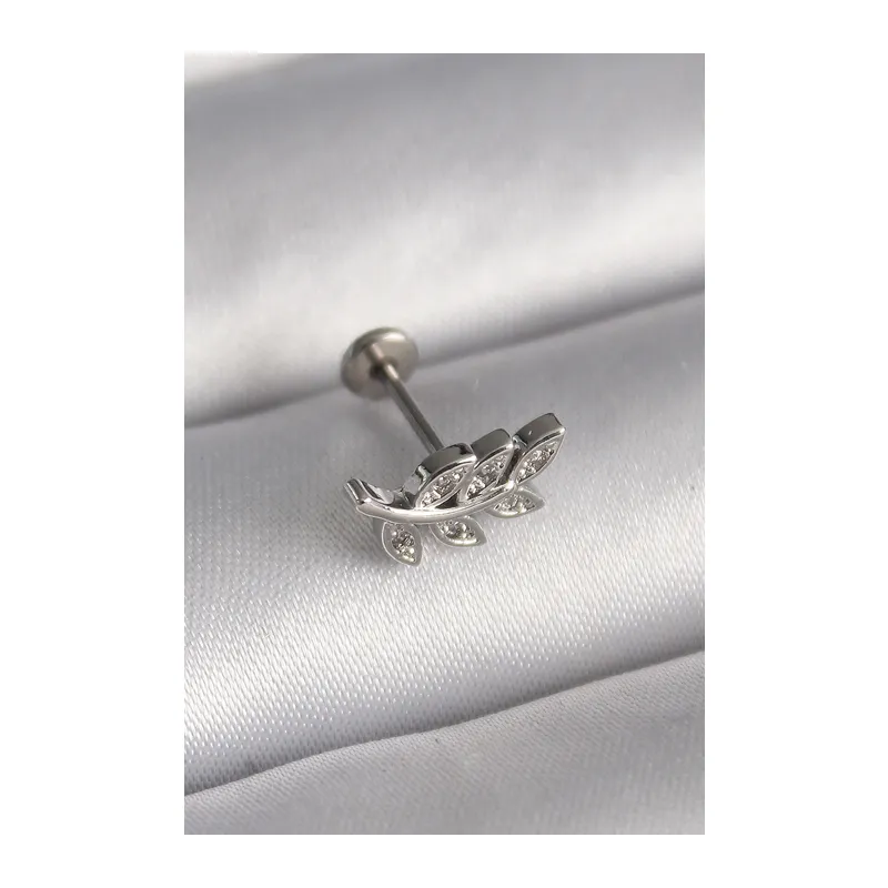 316L Çelik Gümüş Renk Dal Model Zirkon Taş Detaylı Tragus Piercing
