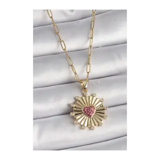 316L Çelik Gold Renk Pembe Zirkon Taşlı Kalp İşleme Madalyon Model Kadın Kolye