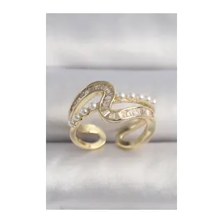 Pirinç Gold Renk Zirkon Taşlı İnci Detay VIP Seri Kadın Yüzük