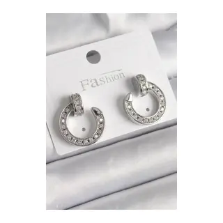 Pirinç Gümüş Renk Zirkon Taşlı Çivi Halka Model Kadın Küpe