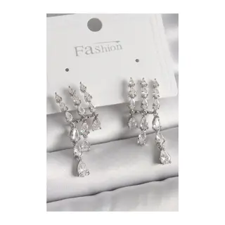 Pirinç Gümüş Renk Zirkon Taşlı Yağmur Model Kadın Küpe