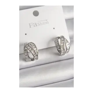 Pirinç Gümüş Renk Zirkon Taşlı Düğüm Halka Model Kadın Küpe