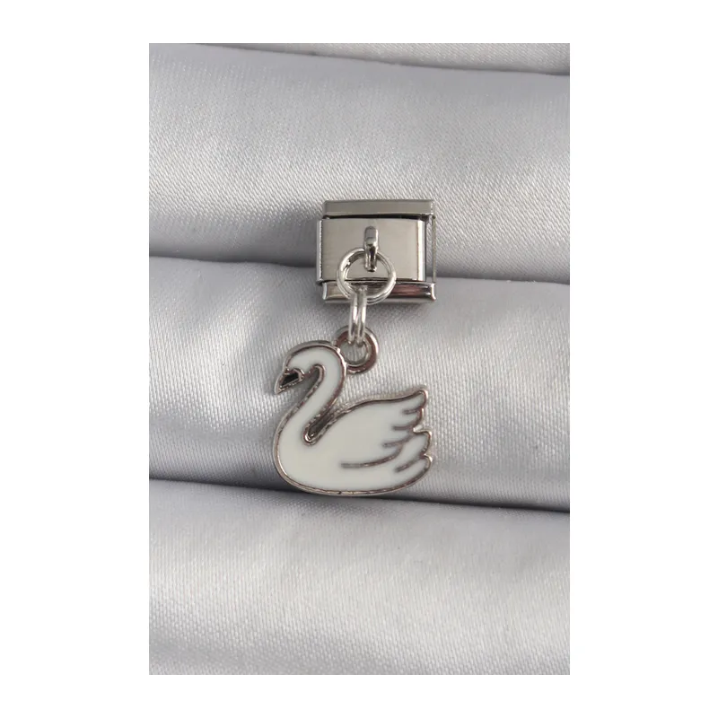 316L Çelik Gümüş Renk Sallantı Beyaz Kuğu Model Nomination Charm
