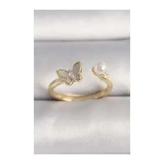 Pirinç Gold Renk Zirkon Taş Detaylı Beyaz Mineli Kelebek Model İnci Detay Ayarlanabilir Yüzük