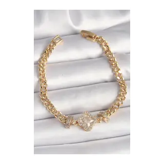 Pirinç Gold Renk Zirkon Taşlı Yonca Figür Zincir Model Kadın Bileklik