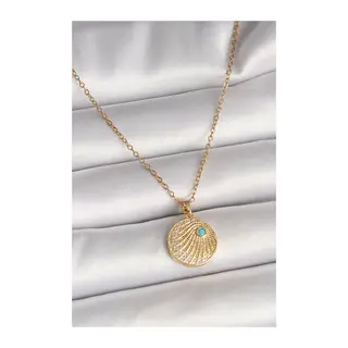 316L Çelik Gold Renk Zincir Zirkon Taş İşlemeli Mavi Taş Detaylı Madalyon Model Kadın Kolye