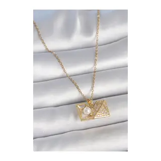 316L Çelik Gold Renk Zincir Zirkon Taşlı Açılır İncili Elmas Model Kadın Kolye