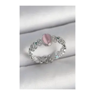 Pirinç Gümüş Renk Zirkon Taş Detaylı Pembe Mineli Damla Model Ayarlanabilir Kadın Yüzük