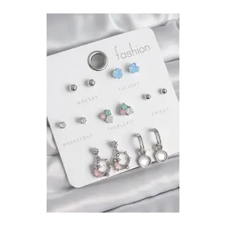 Pirinç Gümüş Renk Zirkon Taşlı Sallantı Halka Model Çiçek Detay 7 Çift Kadın Küpe Seti